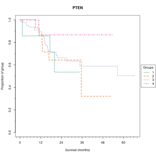 PTEN (Kaplan-Meier (mixture model) plots on Breast Cancer 3 (IHC quickscore) dataset)